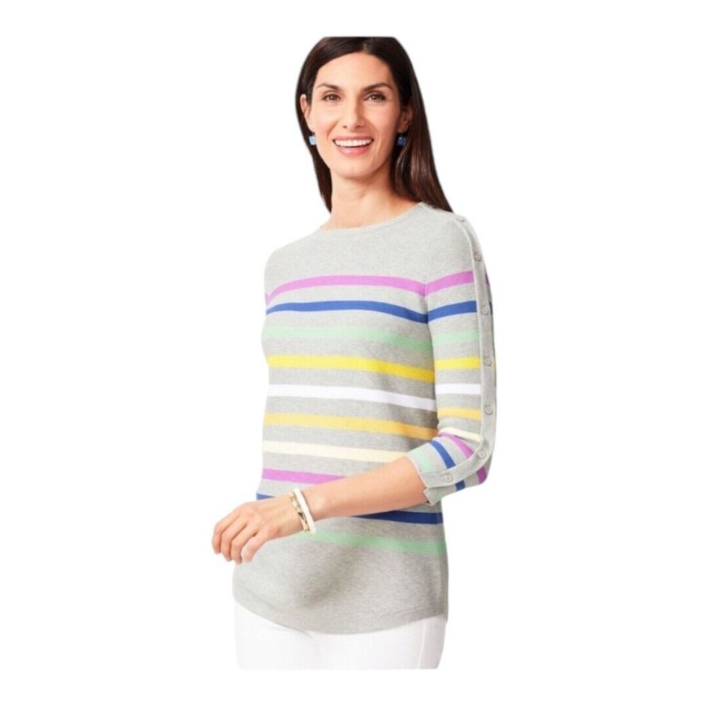 NWOT Talbots Knit Sweater Womens Extra Small Gray Multicolor Stripes Waffle Knit